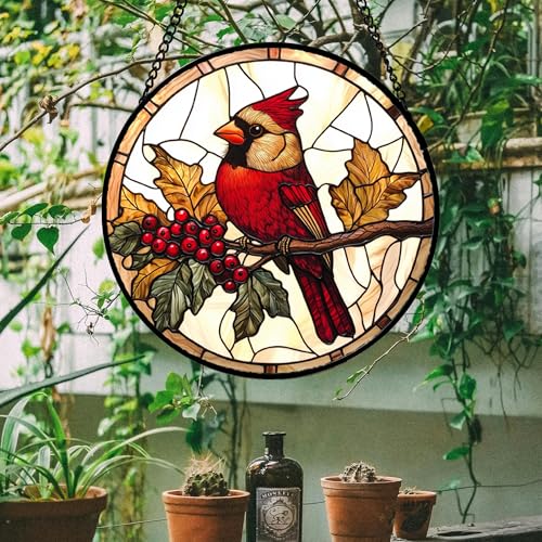 Festive Cardinal Berry Stained Glass Window Hanging Suncatcher Gifts 15"