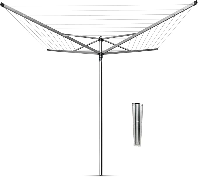 Brabantia Topspinner Outdoor 4 Arm Spinning Clothesline (164 ft/Ø 1.8") Rotating, Folding Clothes Drying Rack + Ground Spike (Gray)