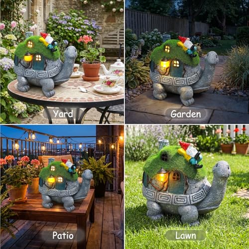 Solar Turtle Garden Statue Lights with Rooftop Lawn Gnome Solar Garden Decor for Outside Yard Balcony Patio Lawn Ornament Home Decor Gifts for Mom Grandma