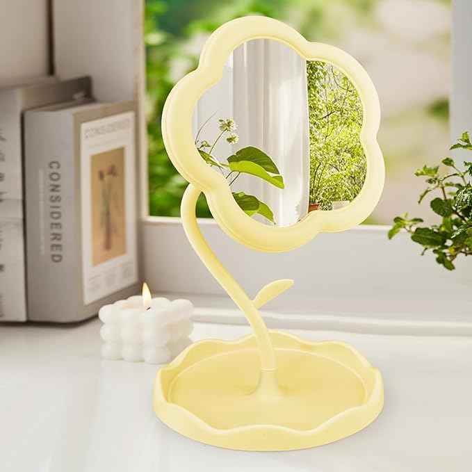Yellow Desk Vanity Mirror Flower Compact Adjustable Desk Mirror Office Cubicle with Jewelry Tray & Foundation Brush, Cute Makeup Mirror with Standing, Home Decor for Bedroom Living Room Dormitory