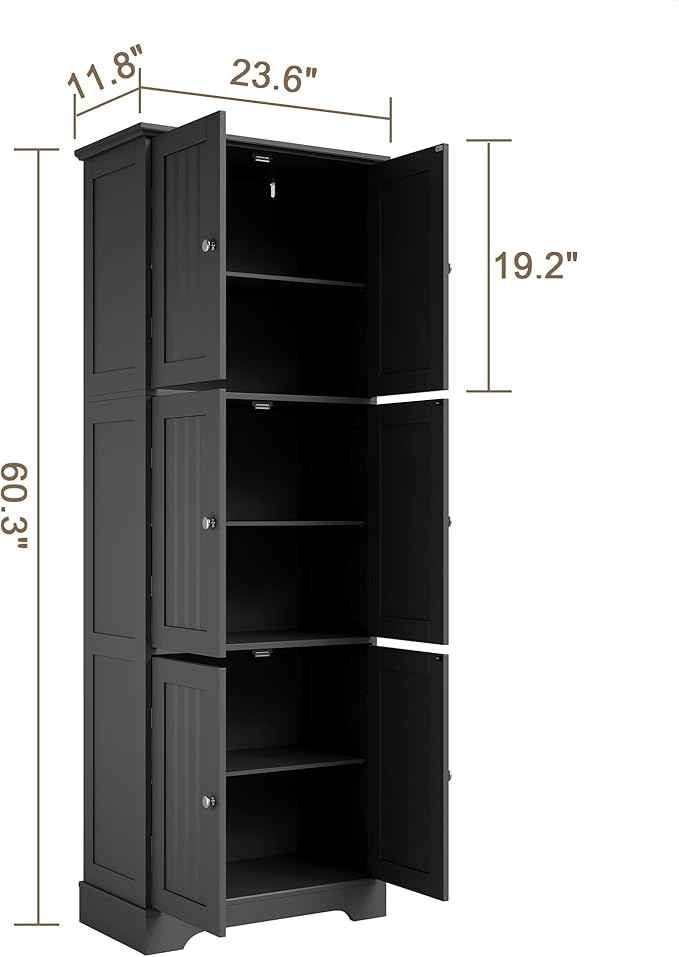 ChooChoo Tall Bathroom Storage Cabinet with 6 Doors, Freestanding Floor Cabinet with Adjustable Shelves, Black Pantry Cabinet for Bathroom, Kitchen, Laundry Room
