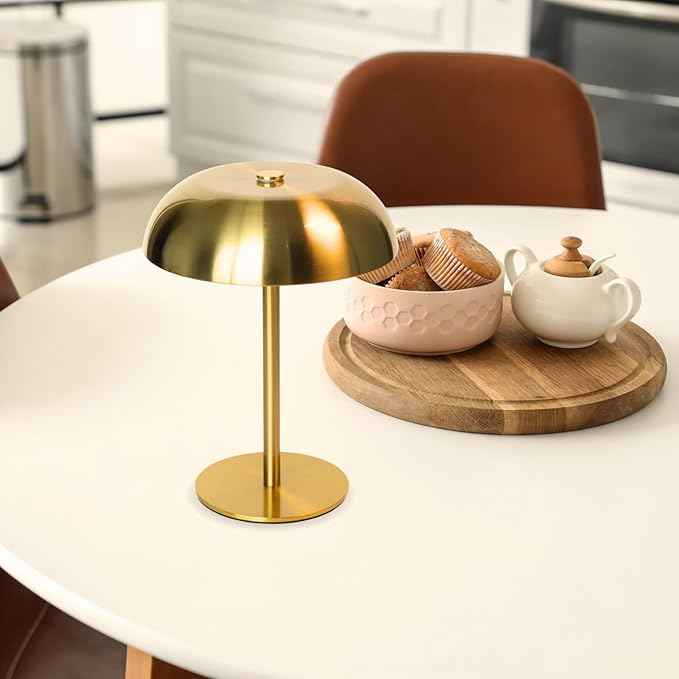 Portable LED Mushroom Table Lamp, 8.46'' Small Cordless Desk Night Light with 5200mAh Rechargeable Battery, Stepless Dimming Lamp with 3 Colors for Bedroom/Bar/Coffee Shop (Gold)