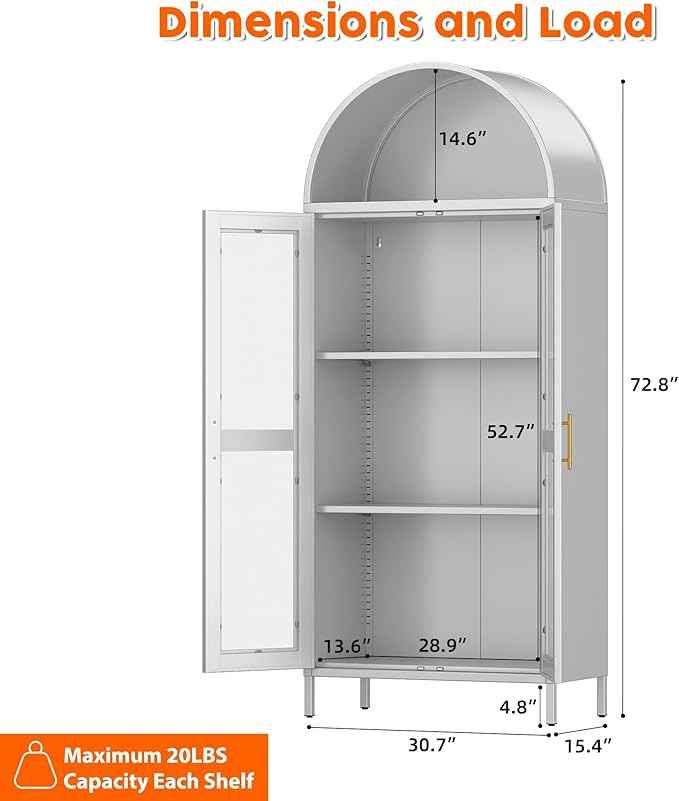 Metal Arched Cabinet with Glass Doors,White Tall Arched Bookcasefor Living Room, Home, Office, Assembly Required