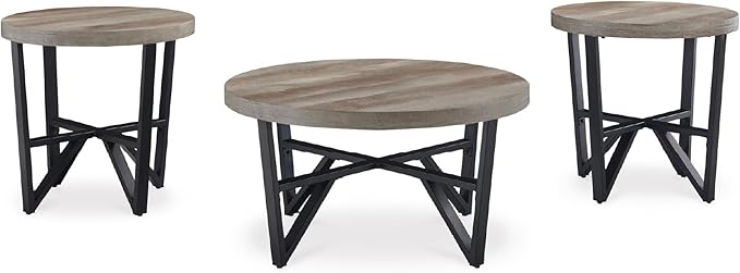 Signature Design by Ashley Deanlee Contemporary Table Set with Metal Frame, Set of 3, Light Brown & Black