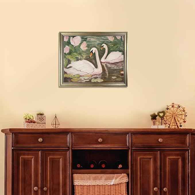 Vintage Framed Swan Decor Wall Art Pink and Green Girls Room Decor Girly Office Canvas Print Painting