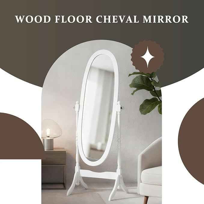 Full Length Mirror with Stand, Vintage Style Wood Floor Cheval Mirror, Traditional Adjustable Free Standing Mirrors Full Length (White)