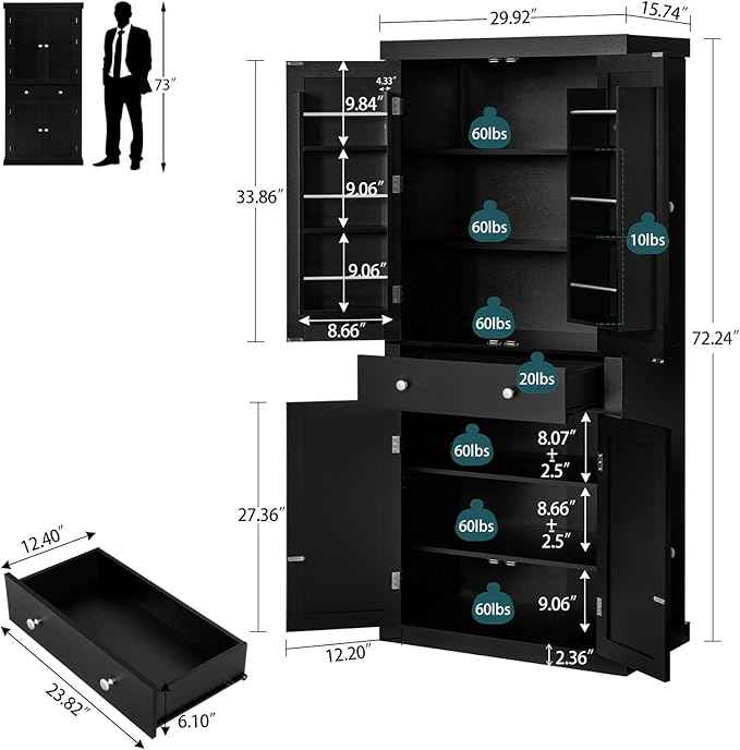 Iwell 72” Kitchen Pantry Cabinet, Tall Storage Cabinet with 6 Hanging Shelves and Adjustable Shelves, Freestanding Cupboard with 4 Doors and 1 Drawer for Kitchen, Dining Room,Living Room, Black