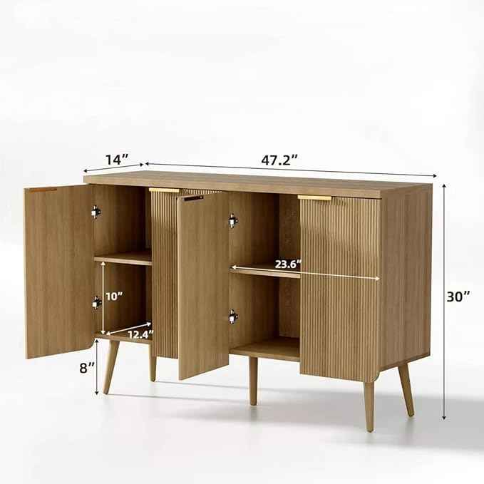 47.2" Modern Fluted Sideboard Cabinet with 4 Doors, Wood Storage Credenza with Shelves, Multi-Purpose Buffet Cabinet for Entryway, Dining & Living Room, Natural Wood