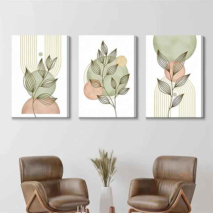 3Pcs Framed Sage Green Boho Canvas Wall Art Modern PinkBotanical Posters Print Abstract With Leafr Pictures Wall Decoration For Living Room Bedroom Bathroom