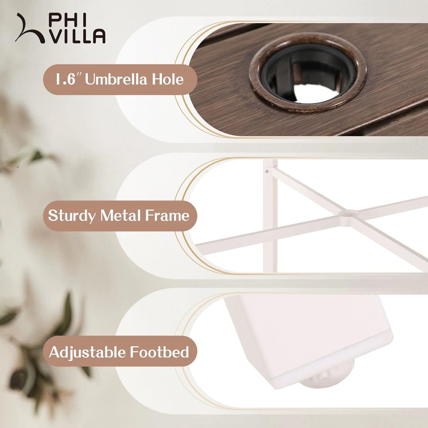 PHI VILLA Outdoor Bar Table, High Patio Table with Umbrella Hole, White Legs, Metal Frame, Sturdy & Durable for Outdoor & Indoor