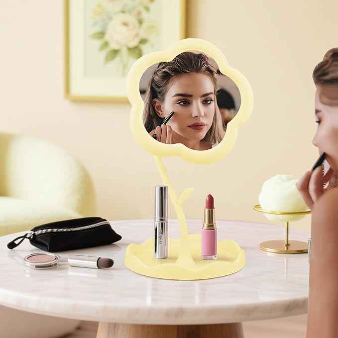 Yellow Desk Vanity Mirror Flower Compact Adjustable Desk Mirror Office Cubicle with Jewelry Tray & Foundation Brush, Cute Makeup Mirror with Standing, Home Decor for Bedroom Living Room Dormitory