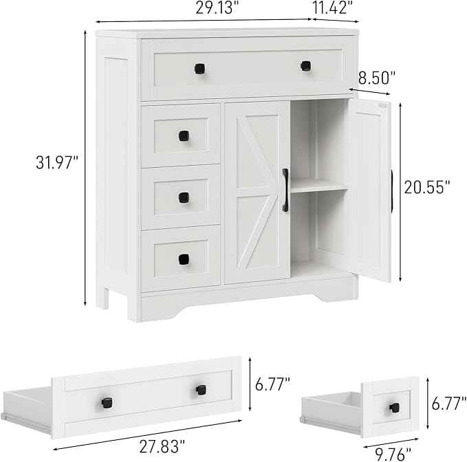 Vabches Farmhouse Storage Cabinet with 2 Doors and 4 Drawers, Freestanding Bathroom Storage Cabinet Kitchen Pantry, Floor Hutch Cupboard for Living Room/Bathroom/Kitchen,(Unique White)
