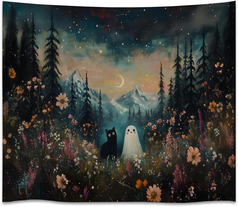 Whimsical Halloween Tapestry Wall Hanging Ghost and Black Cat in Magical Forest Wildflowers Meadow Tapestry Art Print Charming Spooky Fall Season Tapestries for Living Room Bedroom Decor 70x90inch