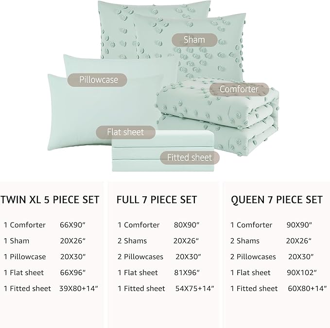 Geniospin Sage Green Full Comforter Set for Girls- 7 Pieces Pom Tufted Bed in A Bag Twin Bedding Sets with Sheets, Pillowcases & Shams, All Season Kids Comforter Set