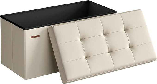 SONGMICS MAZIE Collection - 30 Inches Folding Storage Ottoman Bench, Ottoman Foot Rest, End of Bed Bench, Storage Chest, Load 660 lb, for Living Room, Bedroom, Entryway, Cream White ULSF47BE