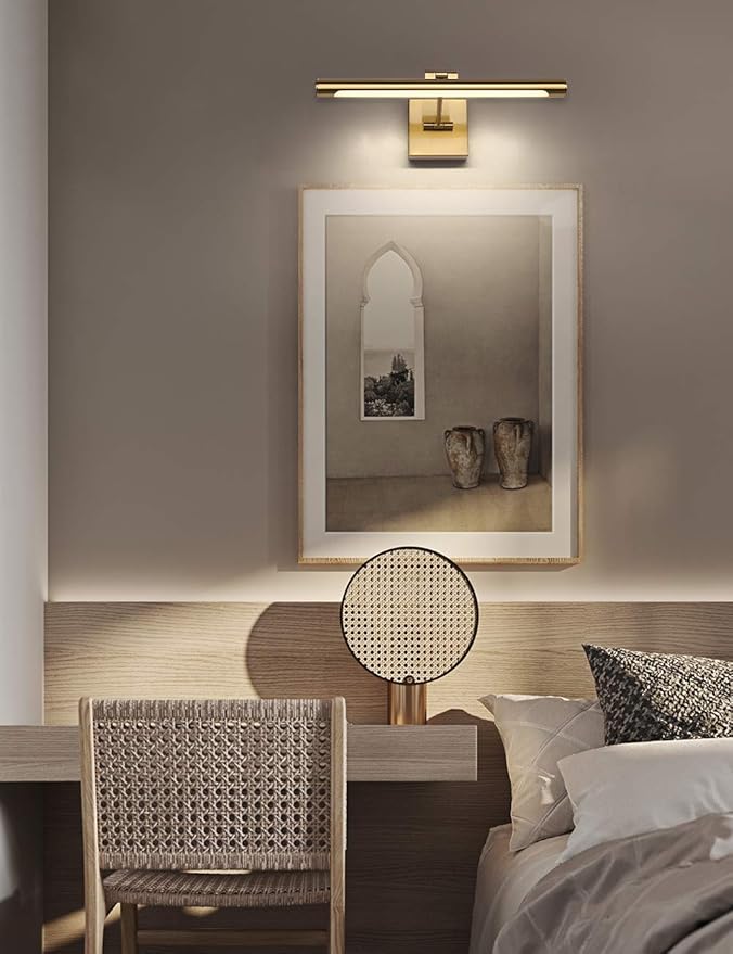 LED Picture Light Fixtures 16.54 Inches, Modern Metal Artwork Wall Lamps with Single Swing Arm, 9W (50W Eqv.), Hardwired Connection, Non-Dimmable, 3000K Warm White, CRI80+, Golden-Like Brass Finish