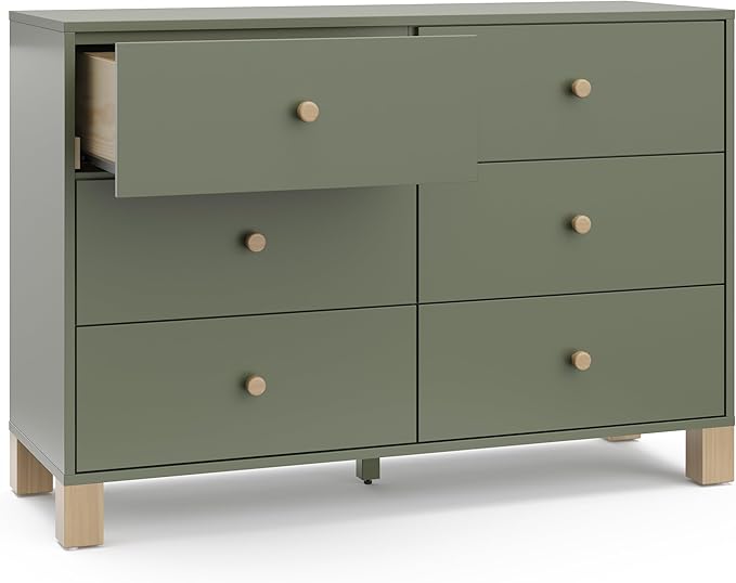 Storkcraft California 6-Drawer Double Dresser (Olive with Driftwood) - GREENGUARD Gold Certified, Interlocking Drawer System, Dresser Drawer Organizer for Kids Bedroom