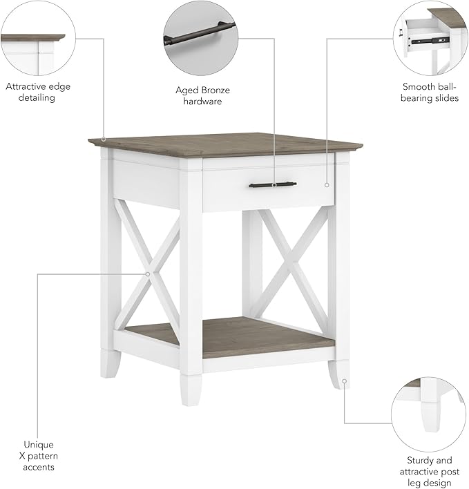 Bush Home End Table with Drawer, Nightstand with Storage, Living Room and Bedroom Furniture, Key West Collection, Shiplap Gray & Pure White