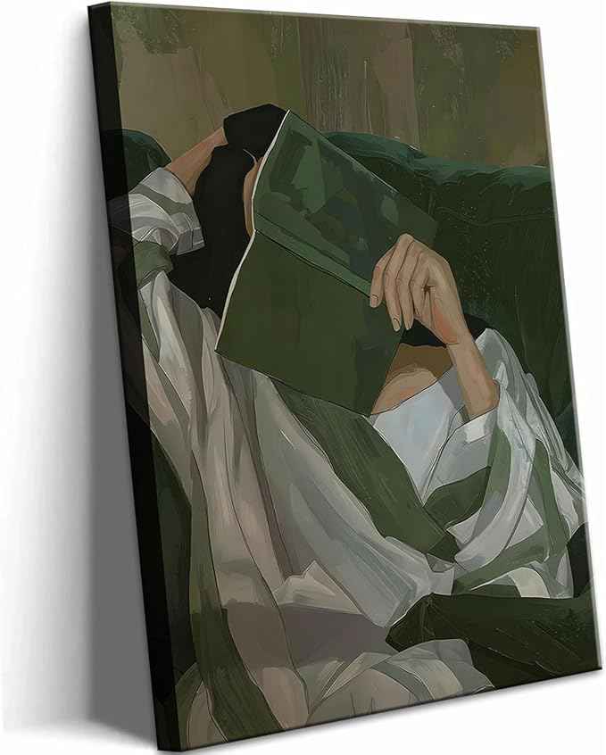 Emerald Green Reading Woman Canvas Wall Art Abstract Cozy People Wall Decor Pictures Minimalist Green Feminine Aesthetic Poster Print for Bedroom Living Room Home Decoration 12x16in