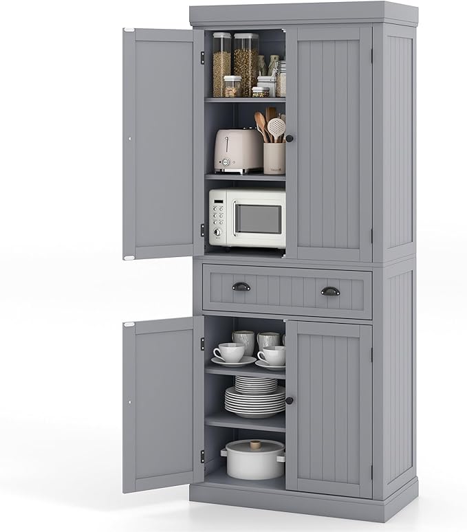 Nightcore Kitchen Pantry Cupboard, 6ft Wood Cupboard w/ 4 Adjustable Shelves, 2 Wood Pantries, & 1 Drawer, Utility Storage Cabinet for Kitchen, Hallway, Living Room, Bathroom (Grey)