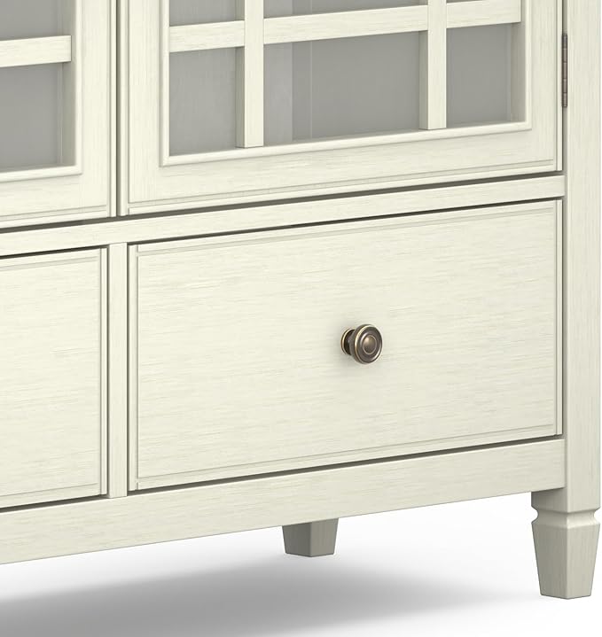 SIMPLIHOME Connaught Storage Cabinet - 46 inch Wide Solid Wood Tall Cabinet in Antique White, Traditional Console for Living Room or Dining Room with Glass Doors, Adjustable Shelves, and Drawers