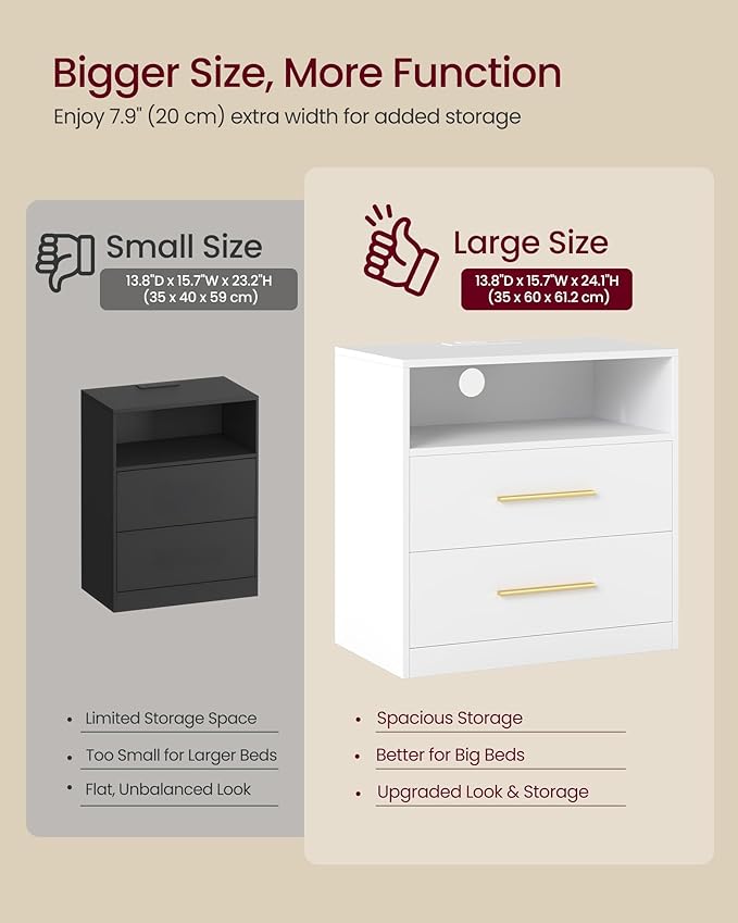 VASAGLE Custos Collection - Nightstand with Charging Station, LED Lights, Modern Night Stand, Side End Table with Drawers, Open Shelf, 2 AC Outlets USB Ports, Cloud White ULET639WB01S