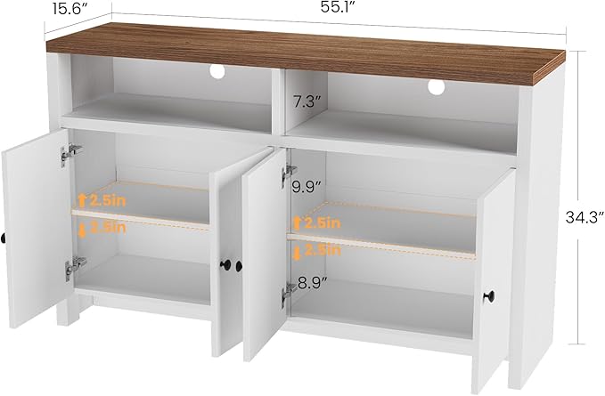IDEALHOUSE Buffet Sideboard Cabinet with Storage, 55" Large Farmhouse Kitchen Storage Cabinet with 4 Doors & Adjustable Shelves, Wood Coffee Bar Cabinet for Kitchen, Dining Room, Living Room, White