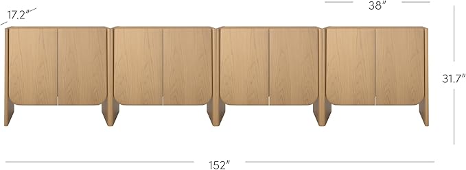 Nathan James Jacala Mid Century Modern Media Console Cabinet or TV Stand, Entryway Storage Cabinet with Doors or Credenza with Wood Frame, Raw Oak, Set of 4