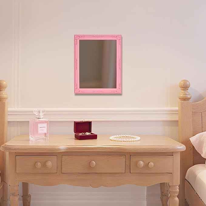 Funly mee Baroque Square Wall Mirror, 12.8 x 15.8 inches, Vintage Gold Plastic Frame, Vertical or Horizontal Mount (Pink, 12.8 x 15.8)