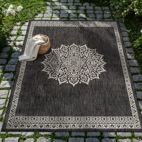 Outdoor Rug 9x12 Medallion Darkgray Modern Large Area Rugs for Indoor and Outdoor Patios Kitchen and Hallway Mats Washable Porch Deck Outside Carpet (108 Sq Ft)