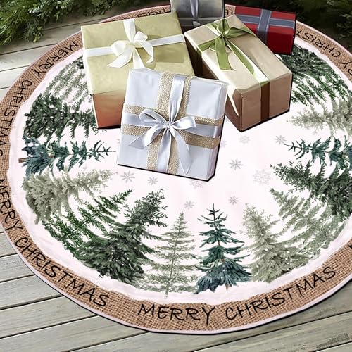 Christmas Tree Skirt 48 Inch Pine Trees Snowy Forest Christmas Tree Skirt Collar for Farmhouse Vintage Rustic Merry Christmas Xmas Winter Holiday Party Decoration