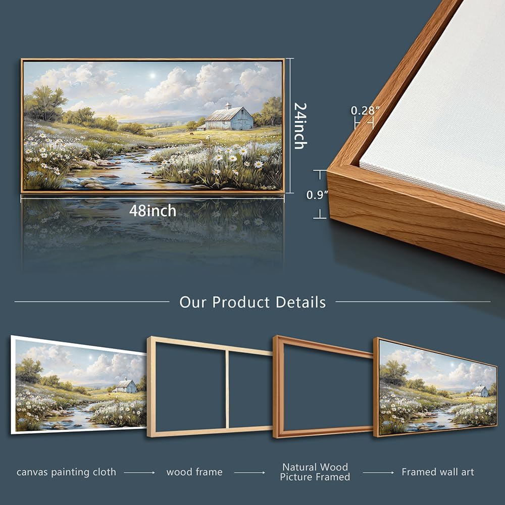 PHAOHUAXM Wall Art For Living Room Large Canvas Wall Decor For Bedroom Flower Watercolour Painting Office Decoration Countryside Scenery Mural Artwork Ready To Hang Home Decor 24x48 In Wood Framed