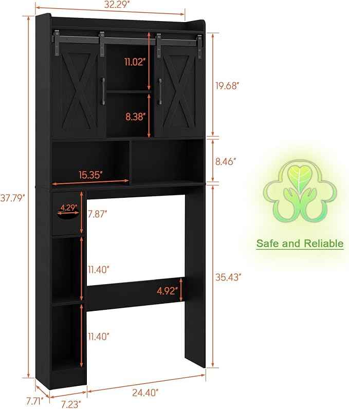 Vabches Over The Toilet Storage Cabinet, Farmhouse Storage Cabinet Over Toilet with Sliding Doors & Toilet Paper Holder Stand，Home Space-Saving Toilet Rack, for Bathroom, Laundry and Restroom.Black