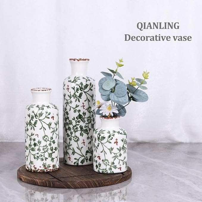 Green Ceramic Vase Set - 3 Chinoiserie Green Floral Vases, Farmhouse Country Flower Vase Home Decor, Living Room Decoration, Table Decoration, Fireplace Decor, and Entrance Decorations Centerpiece
