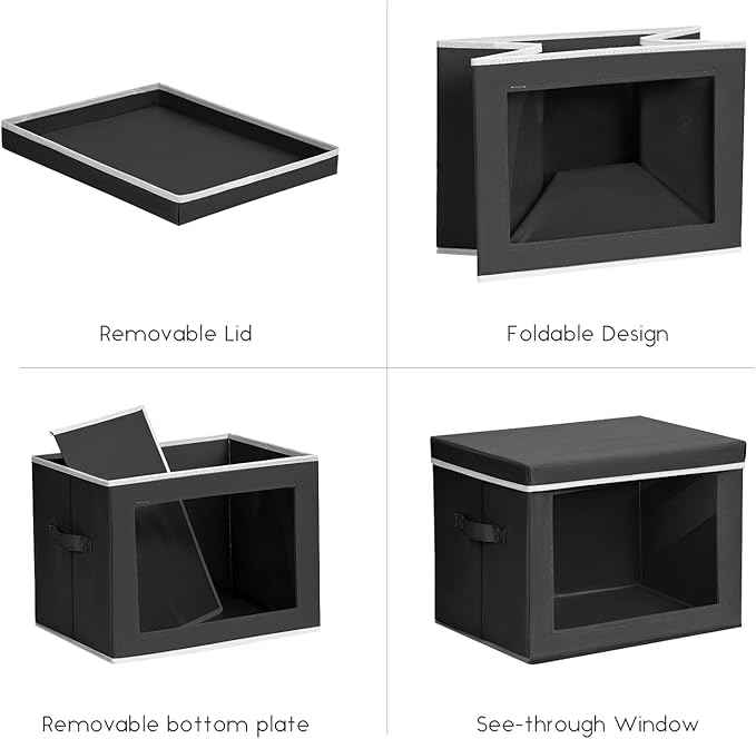 Storage Bins with Lids - Small Fabric Organizers with Window, Collapsible Storage Bins for Clothes, Decorative Closet Organizers for Towels, Tshirt, 4 Pack, Black