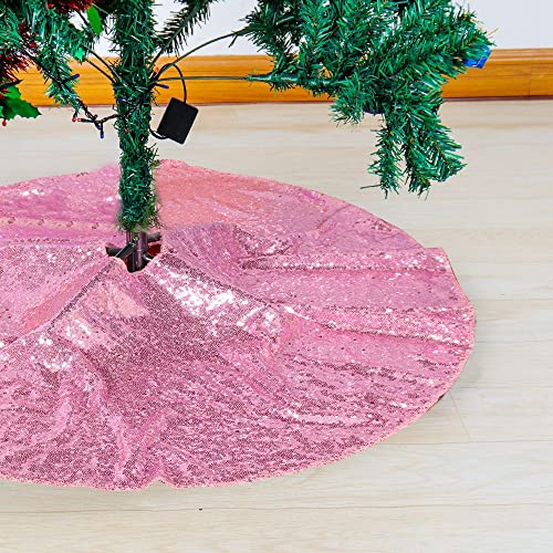 48in Fuchsia Pink Sequin Tree Skirt Glitter Colorful Christmas Skirts for Halloween Holiday Celebration Supplies
