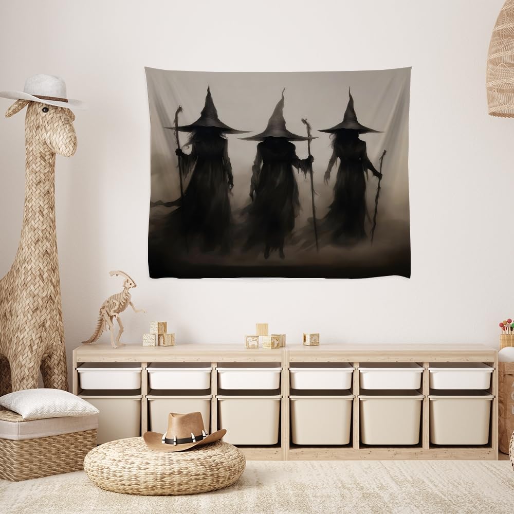 Witch Tapestry Witchy Halloween Decor Vintage Three Witches Bedroom Tapestries Retro Art Aesthetic Wall Tapestry for Bedroom Dorm Living Room white