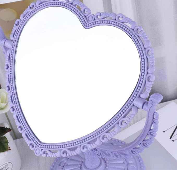 AKOAK Heart-Shaped Cosmetic Mirror - Plastic, Double-Sided, Rotatable, Lightweight - Bathroom & Bedroom Mirror (Purple)