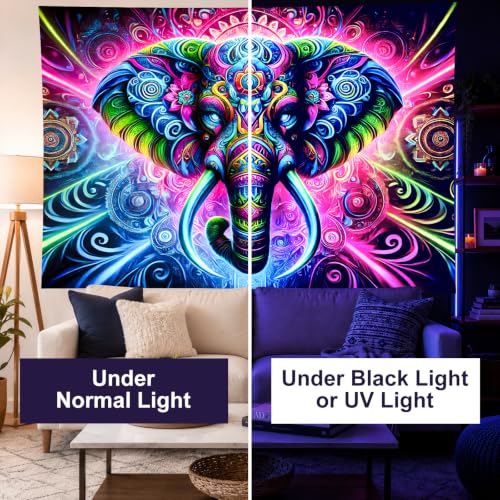 Blacklight Tapestry Elephant Mandala Wall Art 78 x 59 Inch