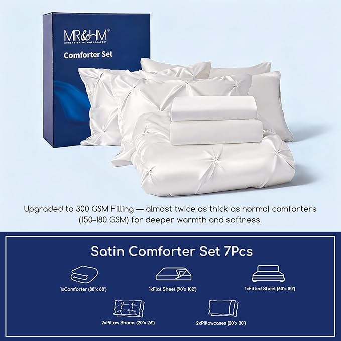 MR&HM Satin Comforter Queen 7 Pieces - Luxurious Pinch Pleat Bedding Set with Comforter, Flat Sheet, Fitted Sheet, Pillowcases & Shams, Super Silky Soft Bed Set for All Season (Queen, Ivory)