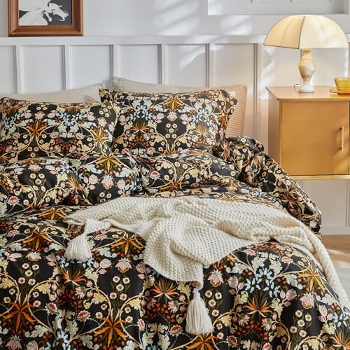 Queen Comforter Set Vintage Paisley Floral Comforter Set with Flowers Leaves Pattern Fluffy Soft Vibrant Bohemian Floral Bedding Set Cottagecore Botanical Flowers Comforter with 2 Pillow Shams