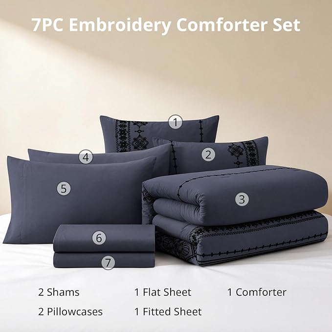 MaiRêve Full Size Comforter Set Crown Blue, Embroidery Floral Western Boho Bedding Set, All Season 7 Pieces Bed in a Bag with Sheets, Pillowcases & Shams
