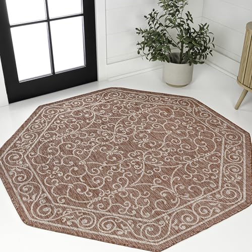 Vintage Filigree Indoor Outdoor Octagon Area Rug 5 Ft Red