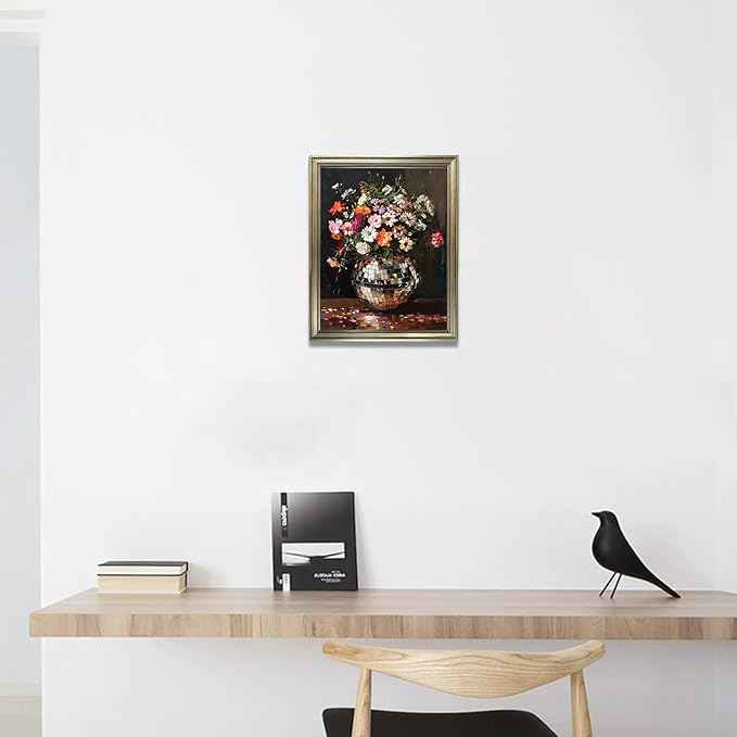 Disco Ball Wall Decor, Retro Eclectic Wall Art, Vintage Framed Colorful Moody Florals Painting, Maximalist Funky Flowers Bouquet Print Artwork