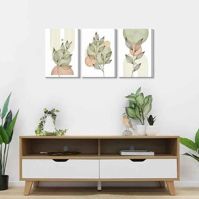 3Pcs Framed Sage Green Boho Canvas Wall Art Modern PinkBotanical Posters Print Abstract With Leafr Pictures Wall Decoration For Living Room Bedroom Bathroom