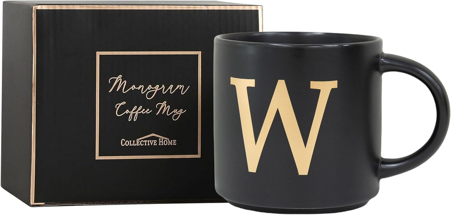 COLLECTIVE HOME - Monogram Ceramic Mugs, 15 oz Golden Initial Black Coffee Cups, Elegant Alphabet Tea Mugs, Elegant Personalized Mug with Gift Box, Unique Mug with Double Side Capital Lette (W)
