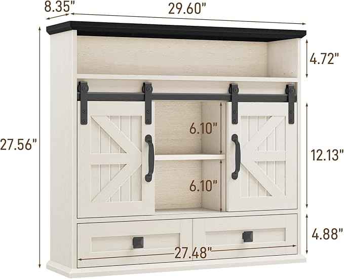 Vabches Bathroom Wall Cabinet, Farmhouse Medicine Cabinet with Double Sliding Barn Door and Storage Drawer, Wooden Vintage Storage Cabinet Wall Mounted for Bathroom, Kitchen, Rustic White and Black