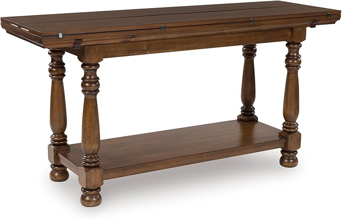 Signature Design by Ashley Sturlayne Transitional Expandable Flip Top Sofa Table with Lower Shelf and Turned Leg, Dark Brown