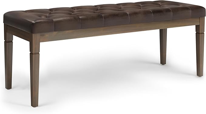 SIMPLIHOME Waverly Tufted Ottoman Bench - 48 inch Wide Upholstered Vegan Leather Rectangle Footstool Ottoman in Distressed Brown, Traditional Bench for Bedroom or Living Room with Carved Legs