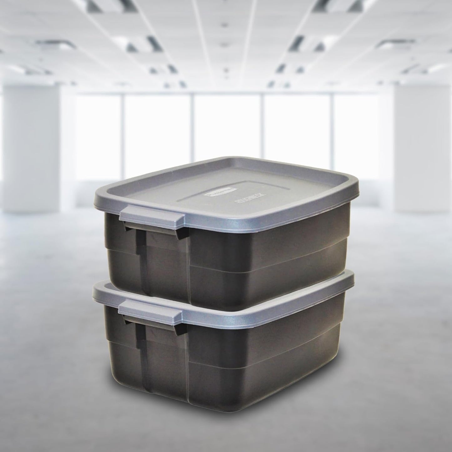 Rubbermaid Roughneck Tote 10 Gal, 6 Pack, Made in USA, Black & Gray, Rugged Plastic Stackable Storage Bins with Lids and Handles
